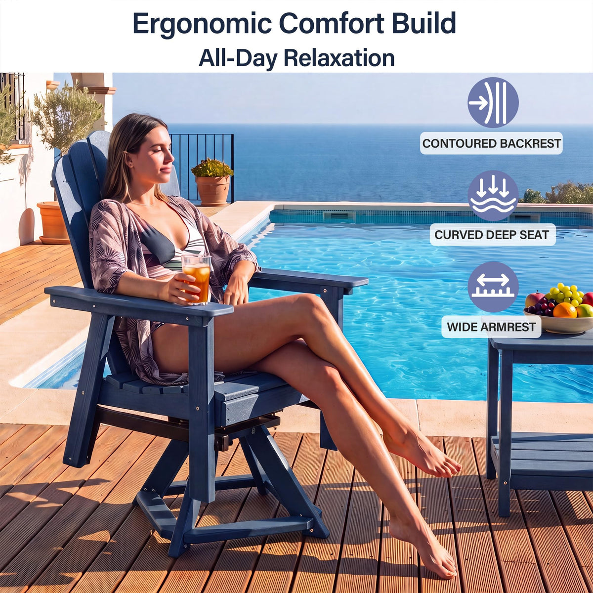 HDPE Swivel Adirondack Chair Set of 2 Navy Blue B30344