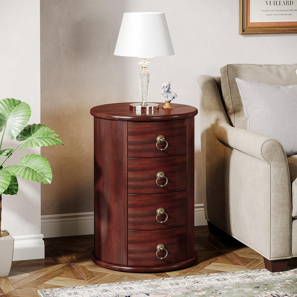 Solid Wood Round End Table with 4 Drawers E6340