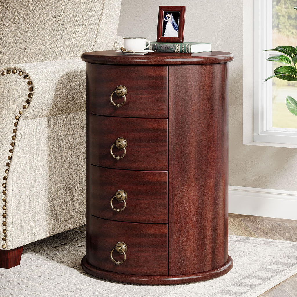 Solid Wood Round End Table with 4 Drawers E6340