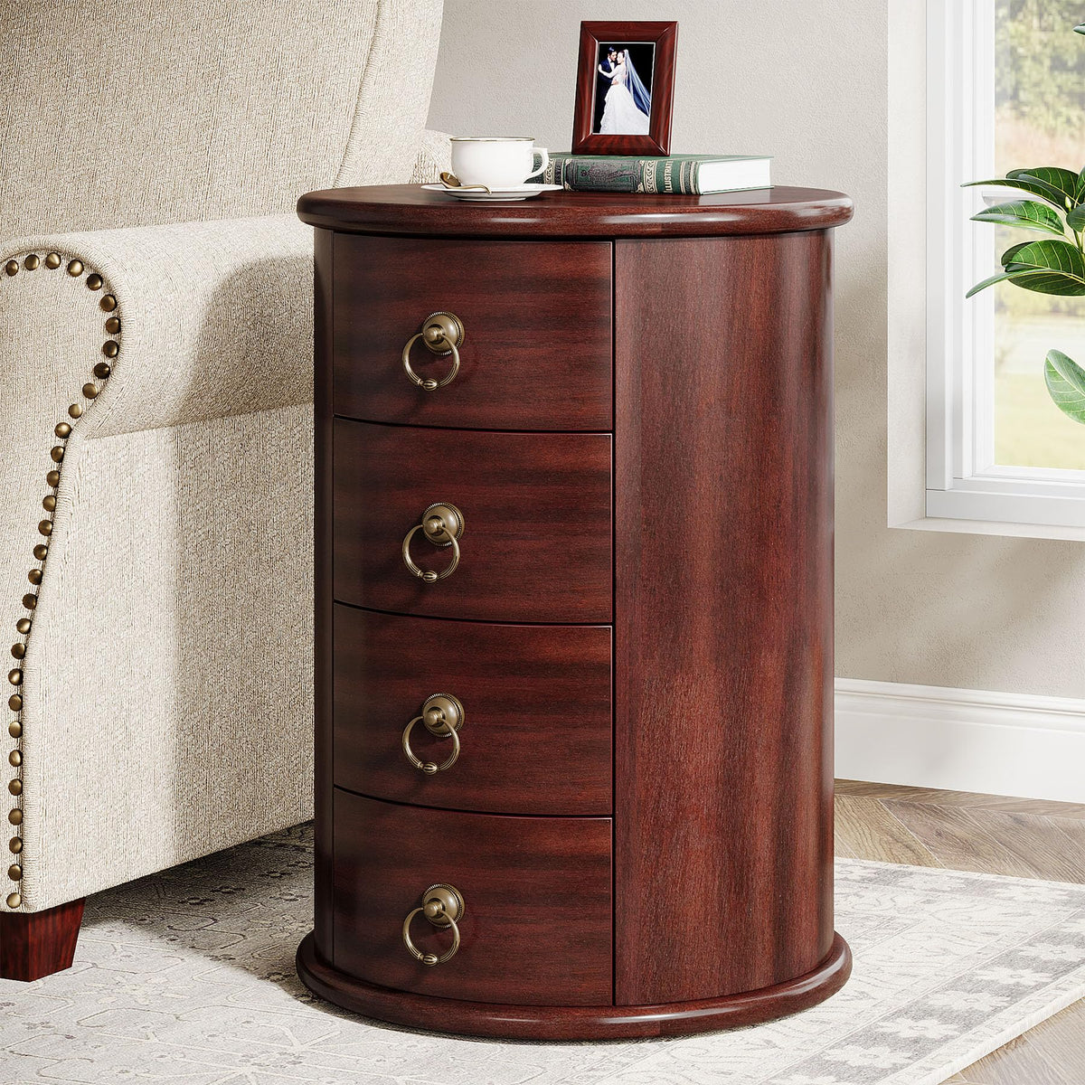 Solid Wood Round End Table with 4 Drawers E6340