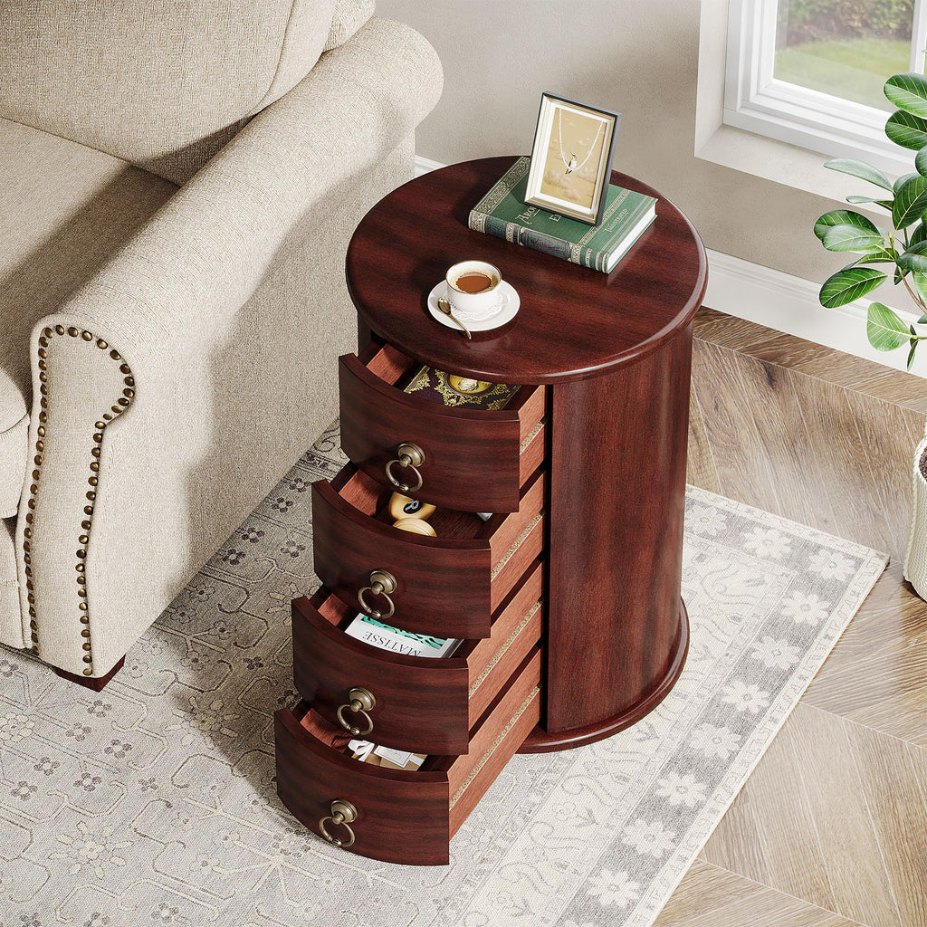 Solid Wood Round End Table with 4 Drawers E6340